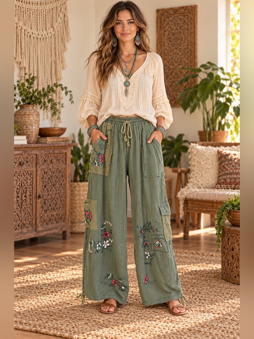 H011 NWT Blue Velvet M w 14-22 Olive Green Embroidered Wide-Leg or Jogger Pants